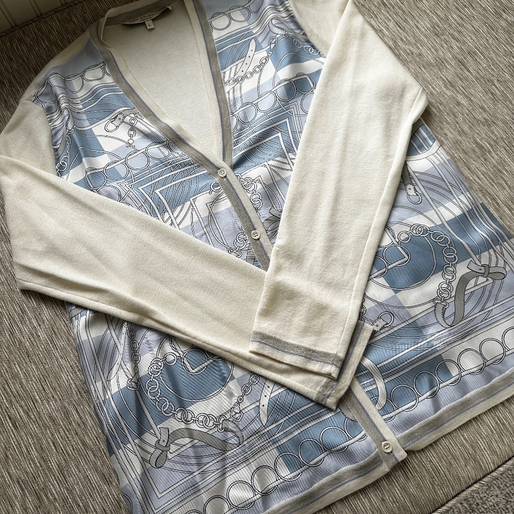 Rani Arabella CASHMERE KNIT CARDIGAN WITH SILK PRINT: VENEZIA: LIGHT BLUE Size L